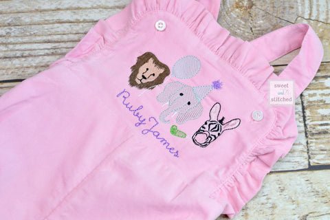 Baby girl monogrammed zoo birthday overalls, monogrammed zoo animal birthday party outfit, safari birthday cake smash