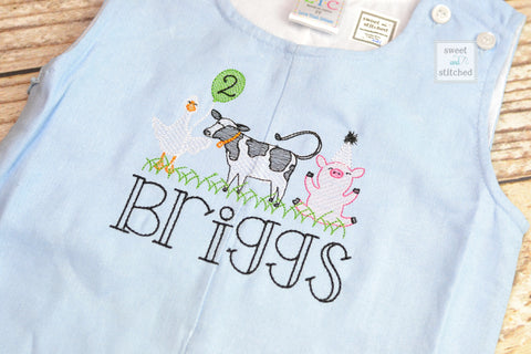 Monogrammed baby boy jon jon with farm birthday design, farm animal baby boy birthday outfit with name, cake smash outfit