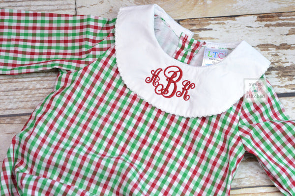 Baby girl monogrammed Christmas bishop bubble in red green and white gingham, Ruffle Christmas bubble, girls Christmas outfit