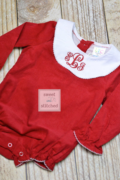 Baby girl monogrammed Christmas bishop bubble in red corduroy, 1st Christmas outfit, Ruffle Christmas bubble, girls Christmas outfit