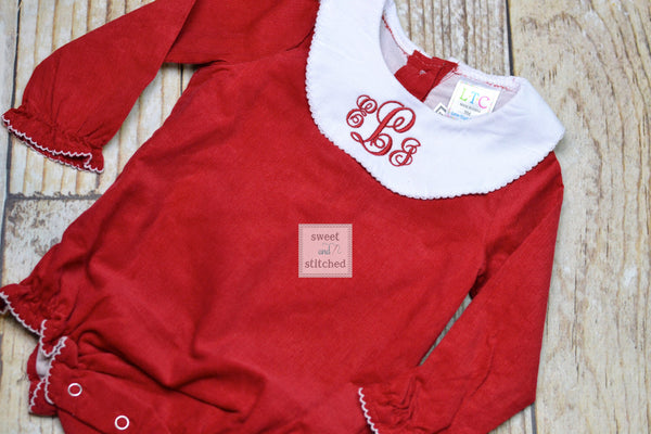 Baby girl monogrammed Christmas bishop bubble in red corduroy, 1st Christmas outfit, Ruffle Christmas bubble, girls Christmas outfit