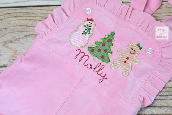 Baby girl monogrammed Christmas overalls with Christmas cookie design, monogrammed corduroy overalls, gingerbread girl Christmas outfit