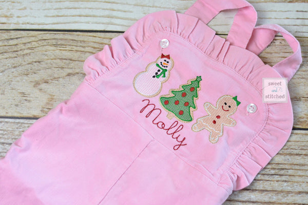 Baby girl monogrammed Christmas overalls with Christmas cookie design, monogrammed corduroy overalls, gingerbread girl Christmas outfit