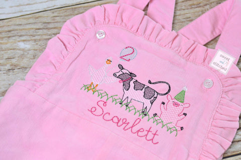 Baby girl monogrammed farm themed birthday overalls, monogrammed 1st birthday party outfit, farm animal birthday outfit