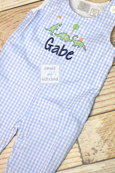 Monogrammed baby boy Birthday longall with dinosaurs, dinosaur birthday outfit, dinosaur themed cake smash outfit, dinosaur overalls