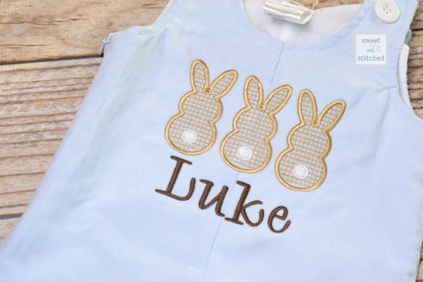 Personalized Boys Corduroy Easter outfit with bunny design and name - Baby Boy Easter Outfit, Easter overalls, Easter monogrammed outfit