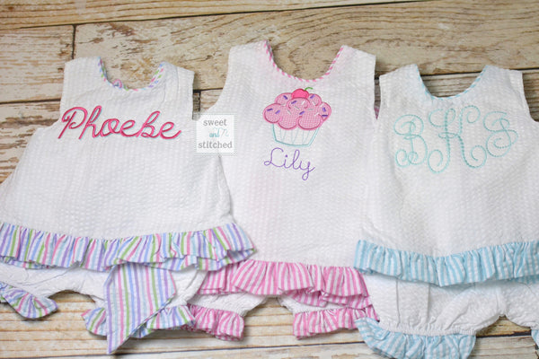 Baby girl swing back bloomer set in aqua, Monogrammed baby girl outfit, baby bloomer set, personalized swing back set