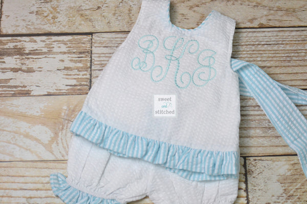 Baby girl swing back bloomer set in aqua, Monogrammed baby girl outfit, baby bloomer set, personalized swing back set