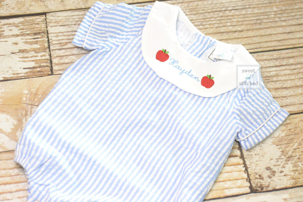 Monogrammed baby boy back to school bishop bubble, monogrammed boys apple back to school romper, seersucker preschool outfit with apples