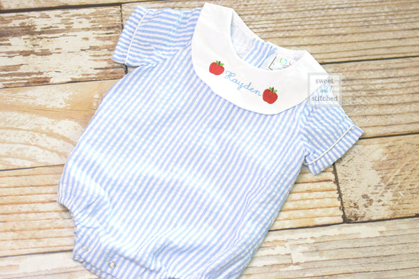 Monogrammed baby boy back to school bishop bubble, monogrammed boys apple back to school romper, seersucker preschool outfit with apples