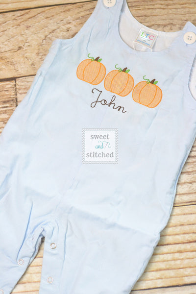 Monogrammed boys pumpkin overalls in baby blue corduroy, Boys halloween fall outfit with pumpkins, baby boy thanksgiving outfit