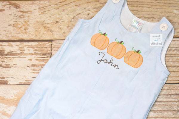 Monogrammed boys pumpkin overalls in baby blue corduroy, Boys halloween fall outfit with pumpkins, baby boy thanksgiving outfit