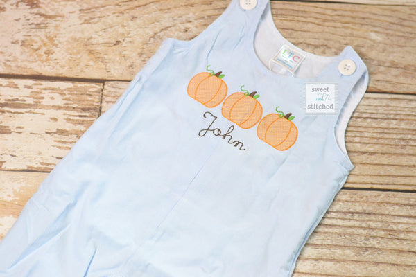 Monogrammed boys pumpkin overalls in baby blue corduroy, Boys halloween fall outfit with pumpkins, baby boy thanksgiving outfit