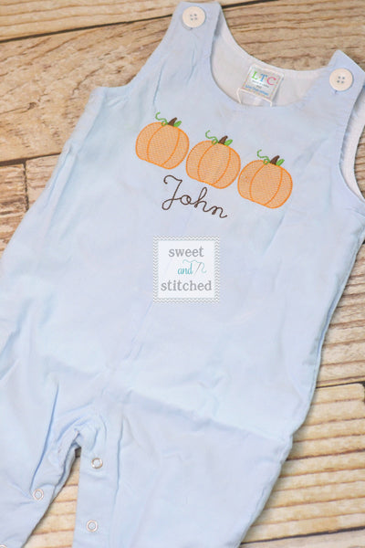 Monogrammed boys pumpkin overalls in baby blue corduroy, Boys halloween fall outfit with pumpkins, baby boy thanksgiving outfit