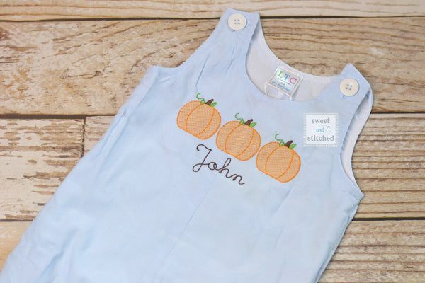 Monogrammed boys pumpkin overalls in baby blue corduroy, Boys halloween fall outfit with pumpkins, baby boy thanksgiving outfit