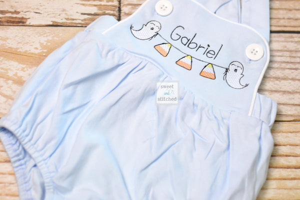 Monogrammed boys ghost halloween romper in baby blue, Boys halloween outfit with candy corn, baby boy bubble romper