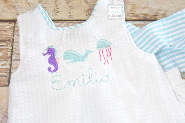 Baby girl swing back bloomer set in aqua with sea animals, summer baby girl outfit, mermaid cake smash bloomer set, 1st birthday outfit