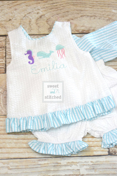 Baby girl swing back bloomer set in aqua with sea animals, summer baby girl outfit, mermaid cake smash bloomer set, 1st birthday outfit