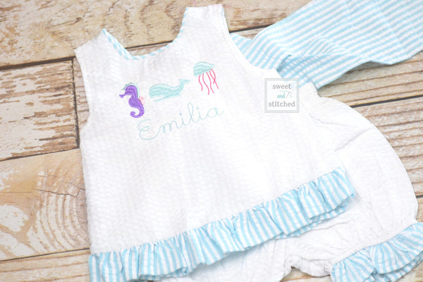 Baby girl swing back bloomer set in aqua with sea animals, summer baby girl outfit, mermaid cake smash bloomer set, 1st birthday outfit