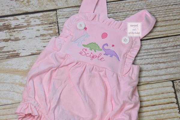 Monogrammed baby girl Birthday romper with dinosaurs, dinosaur birthday outfit, dinosaur themed cake smash outfit, balloon birthday outfit