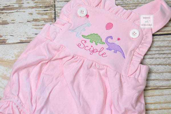 Monogrammed baby girl Birthday romper with dinosaurs, dinosaur birthday outfit, dinosaur themed cake smash outfit, balloon birthday outfit