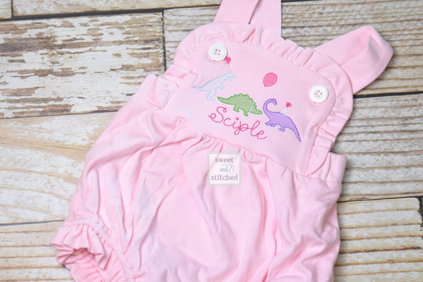 Monogrammed baby girl Birthday romper with dinosaurs, dinosaur birthday outfit, dinosaur themed cake smash outfit, balloon birthday outfit