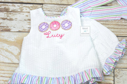 Baby girl swing back bloomer set with donut theme, donut birthday outfit, baby bloomer set, cake smash outfit, swing back set