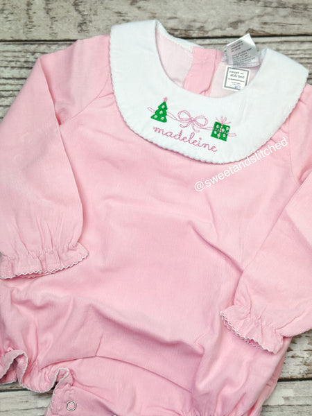 Baby girl monogrammed Christmas bishop bubble in pink corduroy, Ruffle Christmas outfit with tree and present, girls Christmas outfit