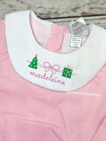 Baby girl monogrammed Christmas bishop bubble in pink corduroy, Ruffle Christmas outfit with tree and present, girls Christmas outfit