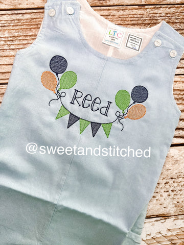 Monogrammed baby boy jon jon with balloons and bunting flags, baby boy birthday outfit with name, cake smash outfit, monogrammed jon jon