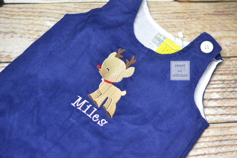 Baby boy Christmas outfit, Toddler Boys Christmas overalls, Boys monogrammed reindeer outfit, Navy Corduroy Christmas Longall Outfit