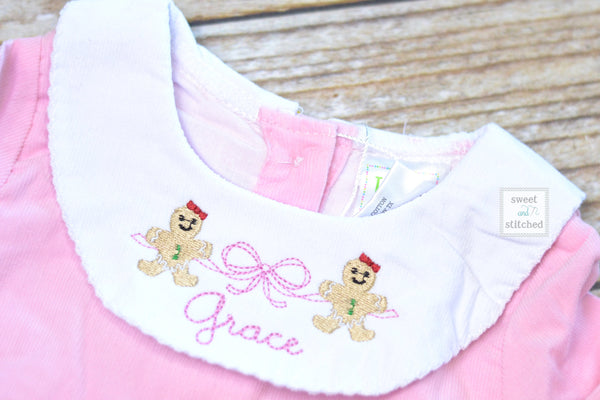 Baby girl monogrammed Christmas bishop bubble in pink corduroy, Ruffle Christmas outfit with gingerbread girls design, Christmas outfit