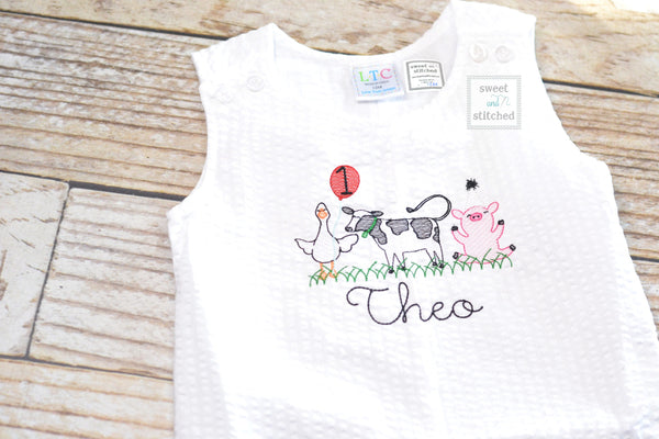 Monogrammed Boys Jon Jon with farm animals, Baby boy 1st birthday outfit, Personalized Baby boy cake smash romper, cow birthday outfit