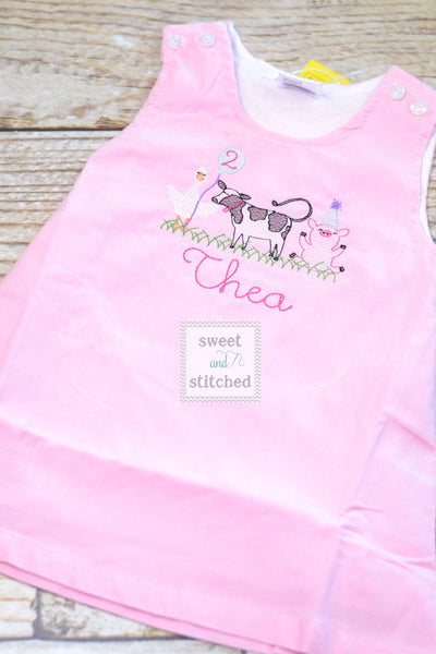 Baby girl monogrammed farm animal birthday jumper dress, monogrammed farm birthday party outfit, cow birthday cake smash