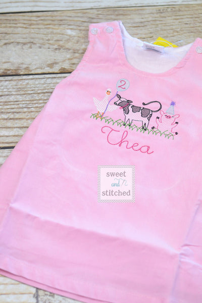 Baby girl monogrammed farm animal birthday jumper dress, monogrammed farm birthday party outfit, cow birthday cake smash