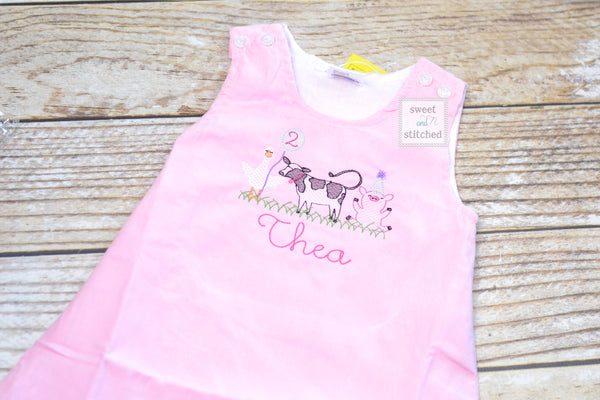 Baby girl monogrammed farm animal birthday jumper dress, monogrammed farm birthday party outfit, cow birthday cake smash