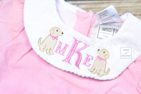 Baby girl monogrammed bishop bubble in pink corduroy with puppy design, 1st birthday puppy outfit, puppy dog cake smash outfit