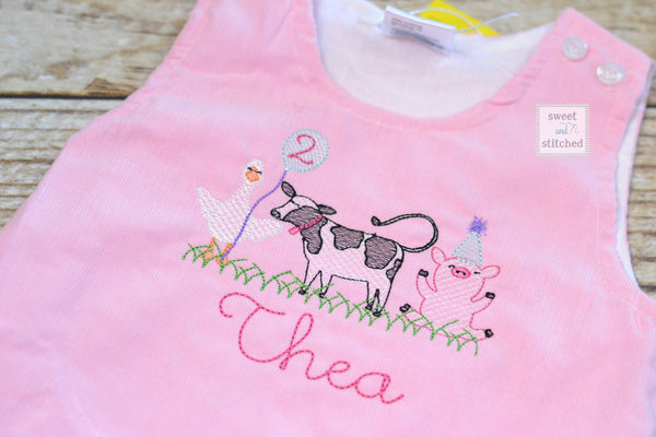 Baby girl monogrammed farm animal birthday jumper dress, monogrammed farm birthday party outfit, cow birthday cake smash