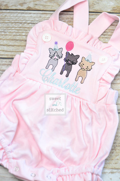 Monogrammed pink baby girl cake smash outfit with cat birthday design and name, girls birthday outfit, 1st birthday kitten cake smash outfit