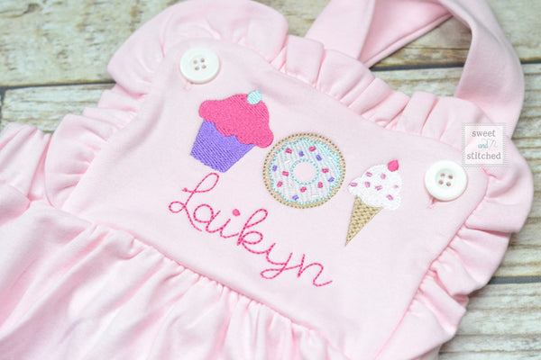 Monogrammed pink baby girl cake smash outfit with sweets trio and name, girls birthday outfit, 1st birthday sweets themed cake smash outfit