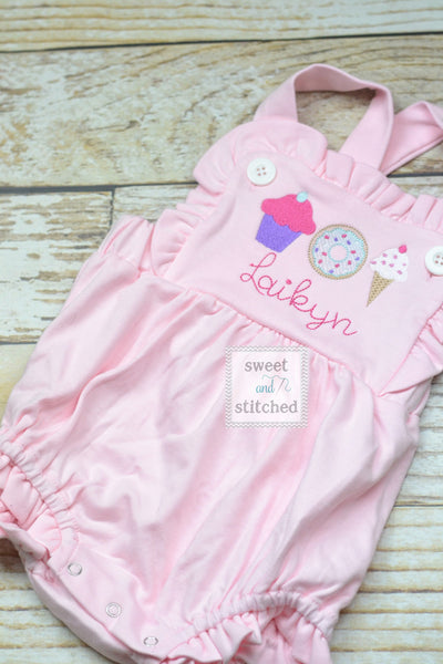 Monogrammed pink baby girl cake smash outfit with sweets trio and name, girls birthday outfit, 1st birthday sweets themed cake smash outfit