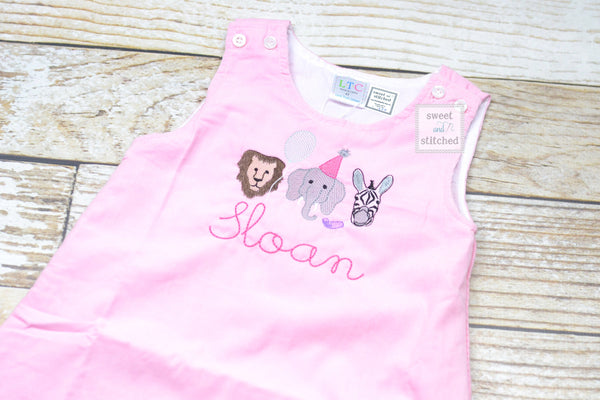 Baby girl monogrammed zoo birthday jumper dress, monogrammed zoo birthday party outfit, zoo birthday cake smash