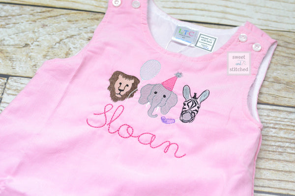 Baby girl monogrammed zoo birthday jumper dress, monogrammed zoo birthday party outfit, zoo birthday cake smash