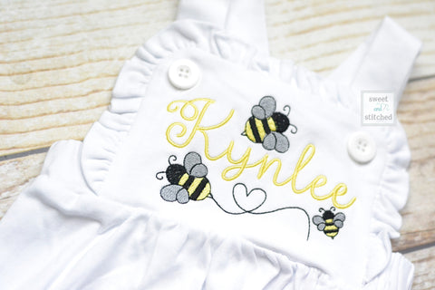 Monogrammed baby girl cake smash outfit with bees and name, girls bumblebee birthday bubble outfit, 1st birthday bee cake smash outfit