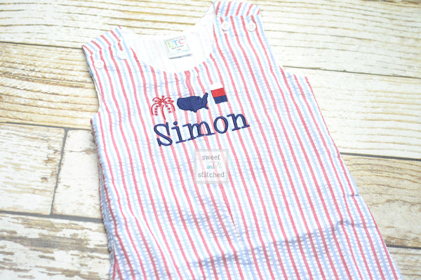 Monogrammed Boys red white and blue romper, Boys 4th of July Outfit, patriotic outfit, monogrammed jon jon, toddler patriotic outfit