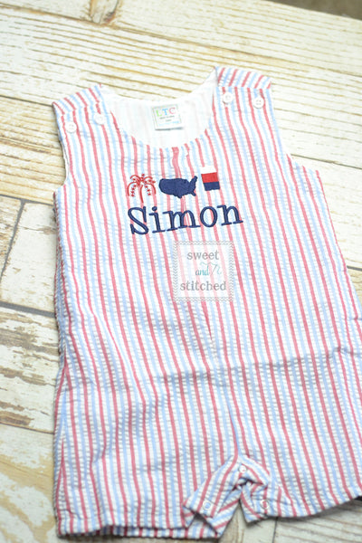 Monogrammed Boys red white and blue romper, Boys 4th of July Outfit, patriotic outfit, monogrammed jon jon, toddler patriotic outfit