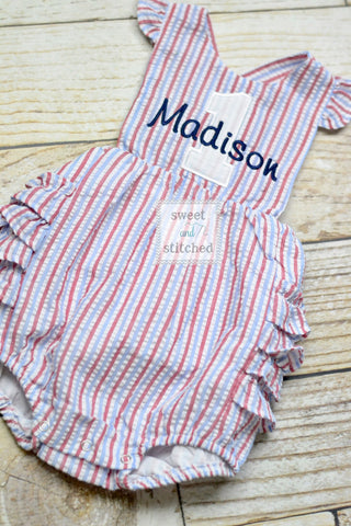 Monogrammed baby girl birthday bubble romper, 4th of july birthday outfit, patriotic cake smash outfit, red white and blue birthday outfit