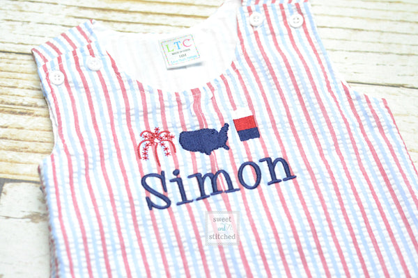 Monogrammed Boys red white and blue romper, Boys 4th of July Outfit, patriotic outfit, monogrammed jon jon, toddler patriotic outfit