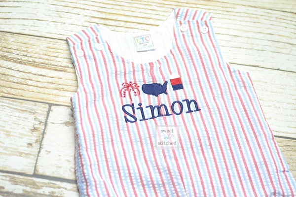 Monogrammed Boys red white and blue romper, Boys 4th of July Outfit, patriotic outfit, monogrammed jon jon, toddler patriotic outfit