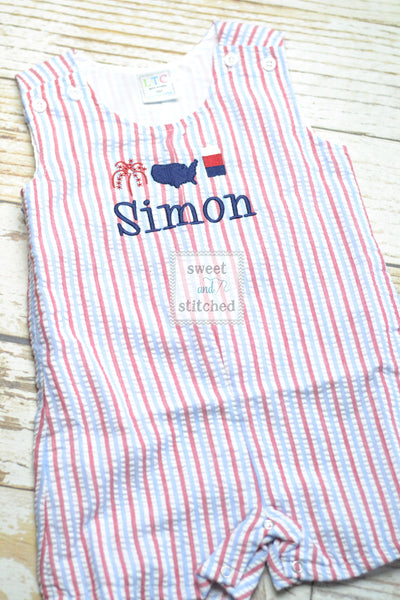 Monogrammed Boys red white and blue romper, Boys 4th of July Outfit, patriotic outfit, monogrammed jon jon, toddler patriotic outfit